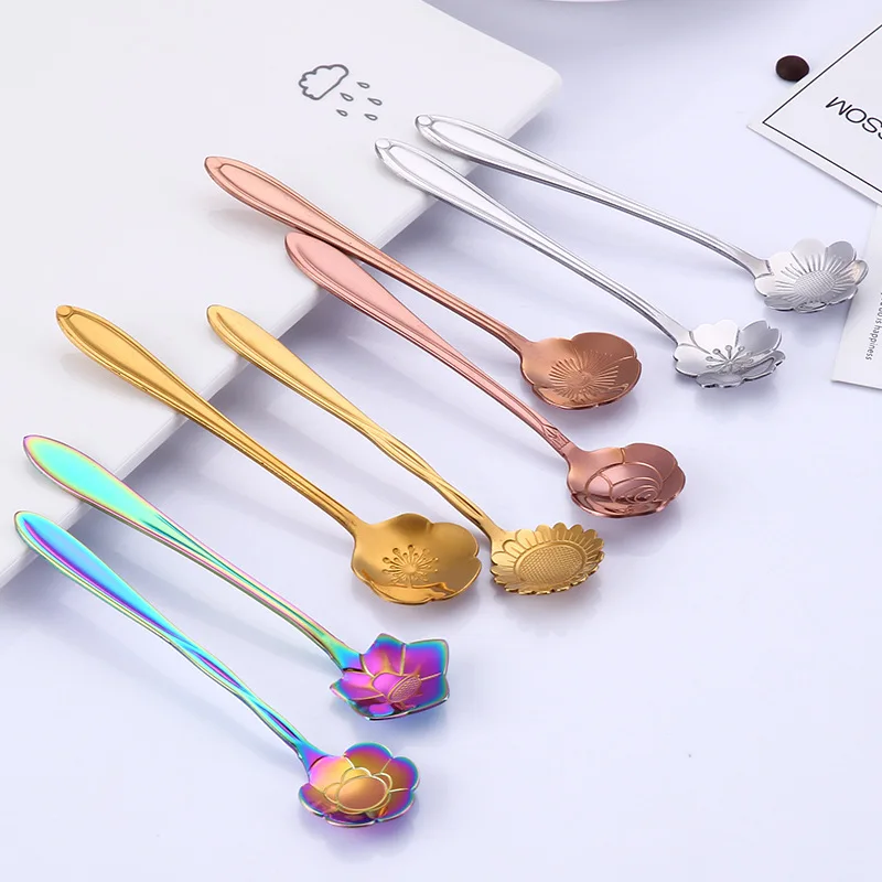 

8PCS Coffee Spoon Stainless Steel Spoon with Long Handle Flowers Heart Shape Ice Cream Tea Dessert Spoon Kitchen Accessories