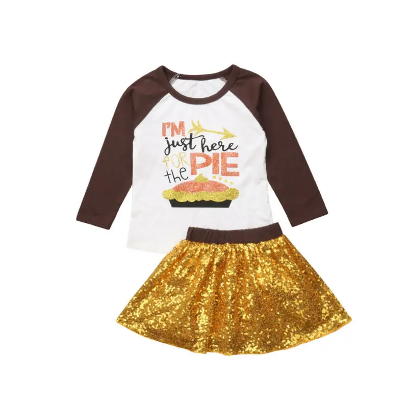 

2019 Autumn Fashion Kids Baby Girls Long Sleeve Tops Party Tutu Sequins Skirts 2Pcs Casual Kid Thanksgiving Outfits Set Clothes