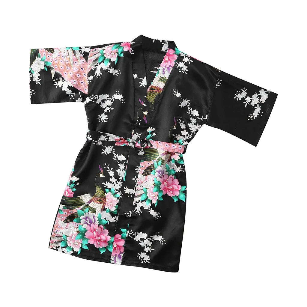 Зимняя одежда для малышей Детская одежда для девочек с цветочным рисунком Шелковый атласное кимоно; наряд, одежда для сна, одежда для маленьких девочек мягкие банные халаты, наряд - Цвет: A