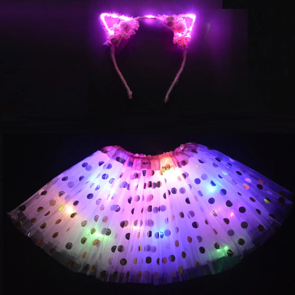 pink cat Светодиодный головной убор с ушками для девочек; светильник в виде короны; юбка-пачка в горошек; неоновые светящиеся вечерние платья для танцев; праздничный костюм; одежда для сцены; От 3 до 12 лет - Цвет: pink cat