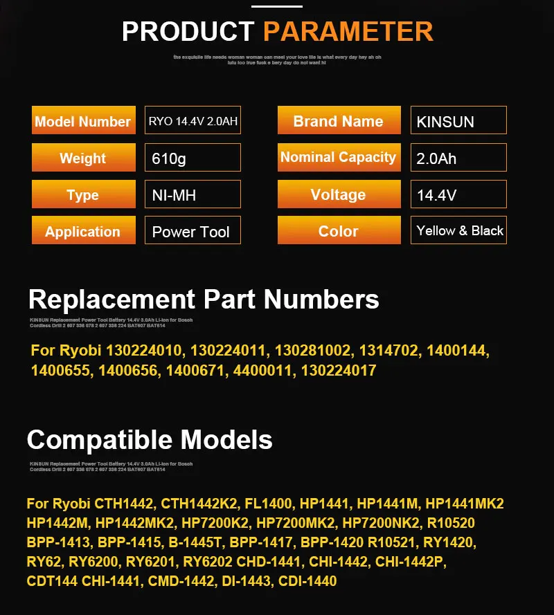 KINSUN сменная батарея электроинструмента 14,4 В 2.0Ah Для Аккумуляторная дрель Ryobi отвертка 130224010 130224011 130281002 HP1441