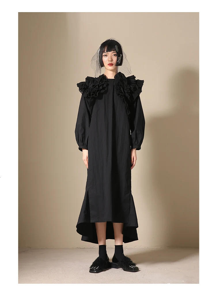 [EAM] женское черное объемное платье большого размера с оборками, новинка, круглый вырез, длинный рукав, свободный крой, Мода весна-осень 1B587