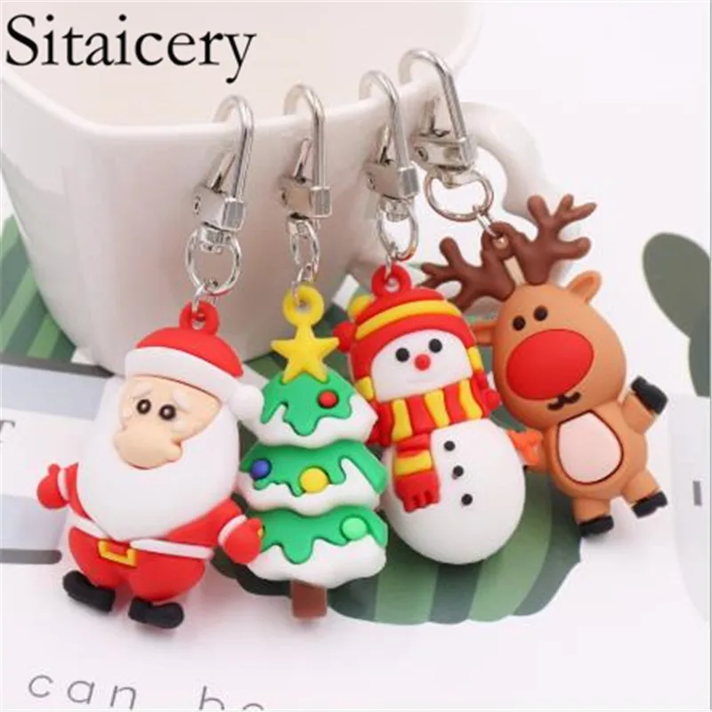 

Sitaicery Cute Christmas Tree Deer Keyring PVC Cartoon Monkey Keychains Xmas Gifts For Women Car Bag Accessories Glitter Trinket