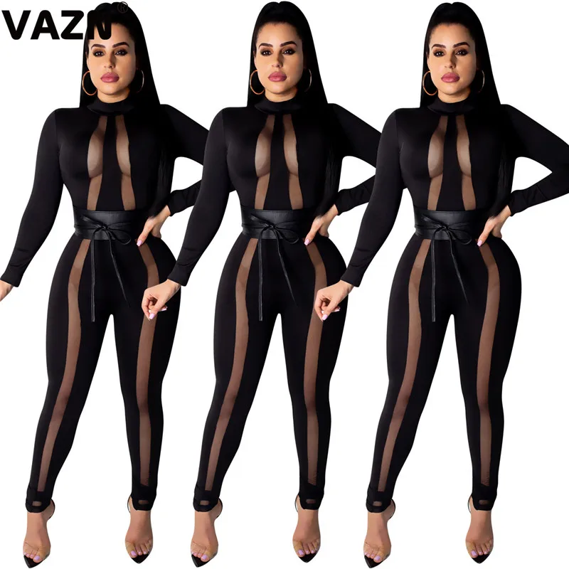 VAZN GYD18070 tos design autumn sexy lady black jumpsuit full sleeve zipper fly skinny jumpsuit springy sexy club jumpsuits