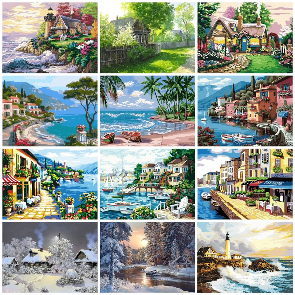 

AZQSD Seaside Lighthouse Paint By Numbers Home Decor Frameless 40x50cm Acrylic Modular Digital Oil Painting Home Decor szyh160