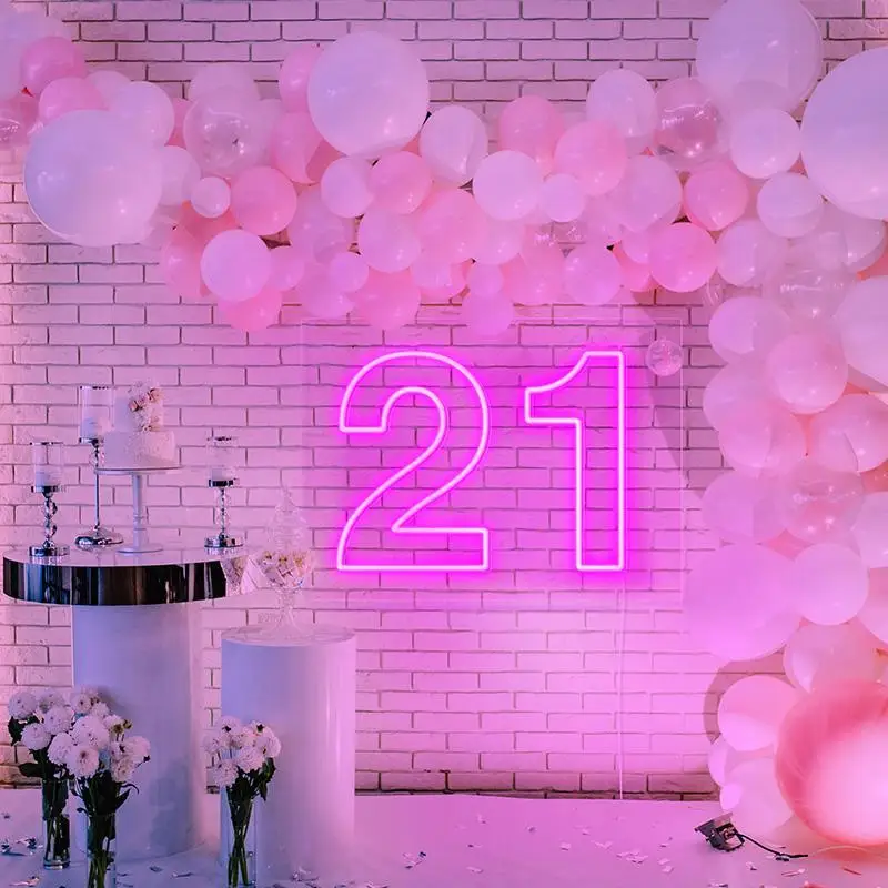 

Custom Logo 21 Happy Birthday 3D Led Flex Transparent Acrylic Plexiglass Neon Sign Light Letter Board Party Background Decor