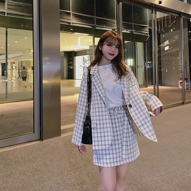

Photo Shoot 2019 Autumn Clothing New Style Korean-style Women's Casual Loose-Fit Plaid Western Style Fashion Set Suit
