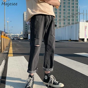

Jeans Men Holes Chic Leisure Roll Up Hem Fur-lined Plus Size 3XL Loose Mens Denim Trousers Korean Style Streetwear All-match New