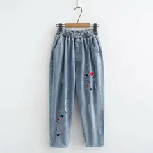 Повседневные джинсы-шаровары размера плюс, осень, женские модные свободные джинсовые штаны длиной до щиколотки с вышивкой в виде рыбки, S68-141