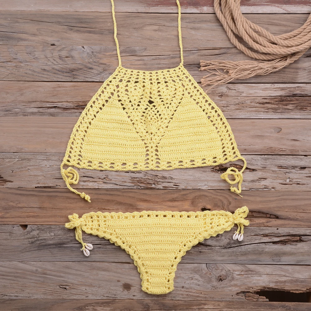 Women Sexy Micro Bikini Set G Thong String Lattice Hollow Bikinis Top Crochet Beach Swimwear Bathing Beachwear Set