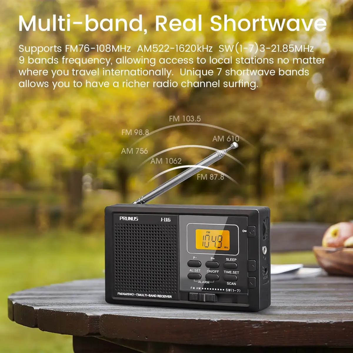 PRUNUS Портативный радиоприемник FM AM SW 9 диапазон цифровые часы радио с разъемом для наушников, таймер сна, AA батареи радио