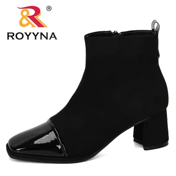 

ROYYNA 2019 New Designer Fashion Style Womens Ankle Boots Flock Shoes For Autumn High Heel Square Toe Working Shoes Feminimo