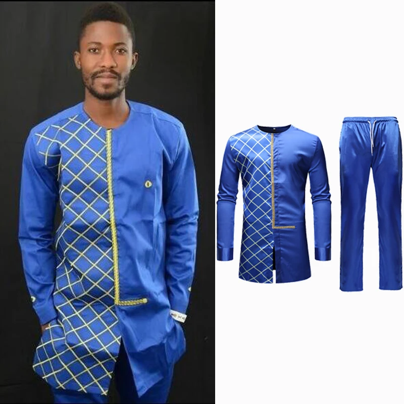 

Long Style Plaid Pattern African Traditional Costumes Man Dashiki Shirt+trousers Round Neck Bazin Riche Clothing Set Outfits