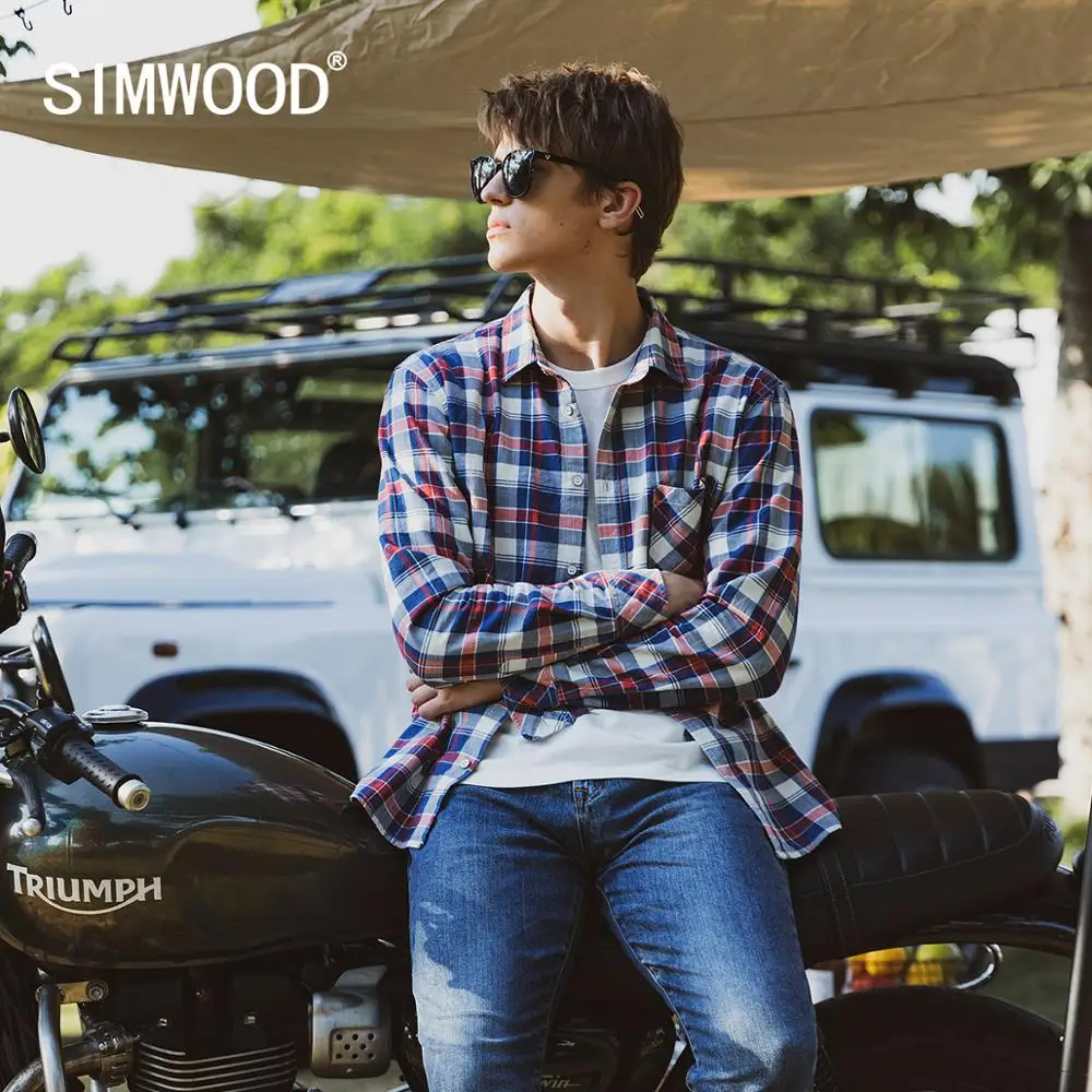 Shirts Men Indigo Casual Denim Spring Plaid Vintage 100%Cotton New SIMWOOD SJ170641 Plus-Size