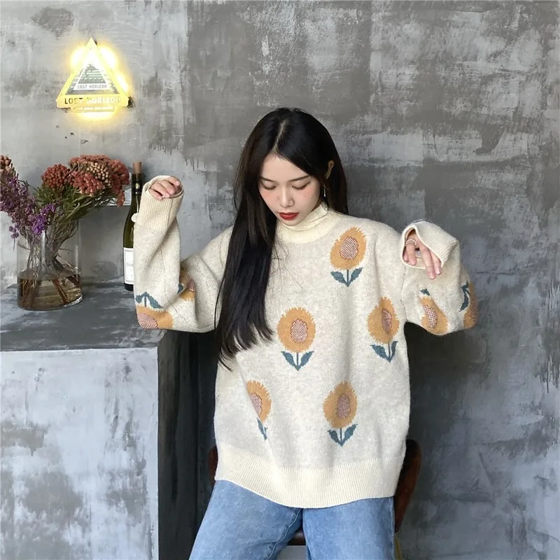 Neploe Ретро Подсолнух жаккард с длинным рукавом Pull Femme Sueter свободные сумасшедшие Стиль Верхняя одежда осень зима одежда пуловер свитер