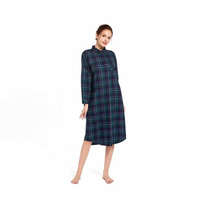 Ladies Cotton Nightgown Plus Size Long-sleeved Flannel Plaid Print Women Sleepwear Button UP women nightgowns women nightdresses sleeping dress