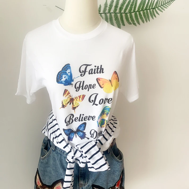 

1pcsFaith Hope Love Believe Dream Women Fashion Polyester T-shirt Summer Short Sleeve Butterfly Print Tee Top