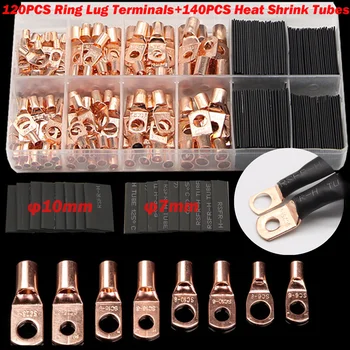 

260CPS Bare Cable Battery Terminals Lugs Soldered Connectors Assortment Car Auto Copper Ring Terminal Wire Crimp Connector Kit