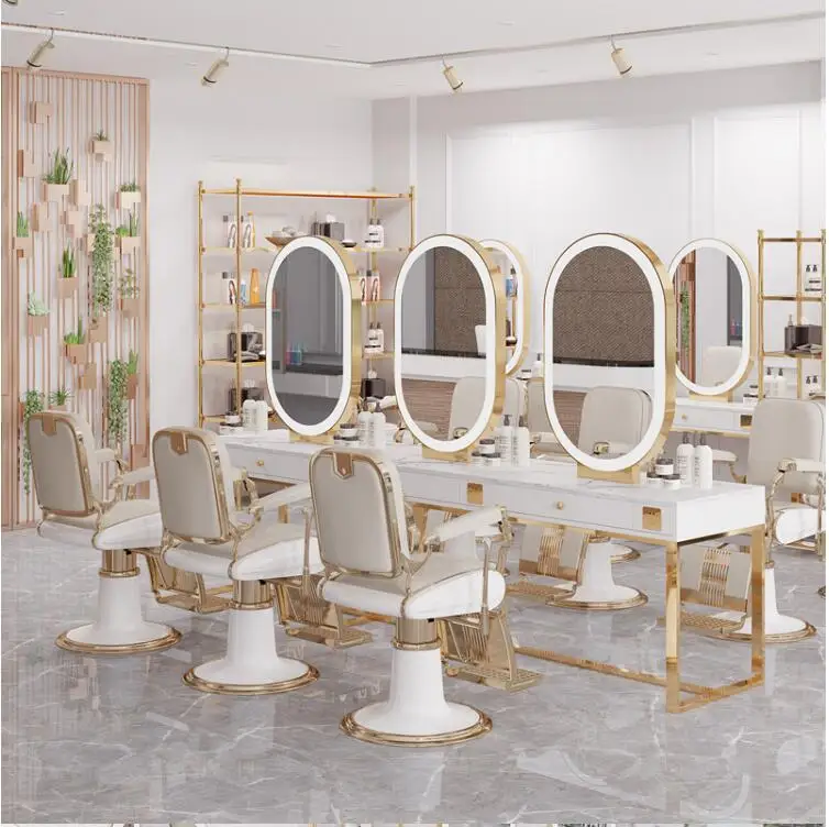 Barber shop jingtai hair salon dyeing table marble beauty salon double-sided mirror with lamp
