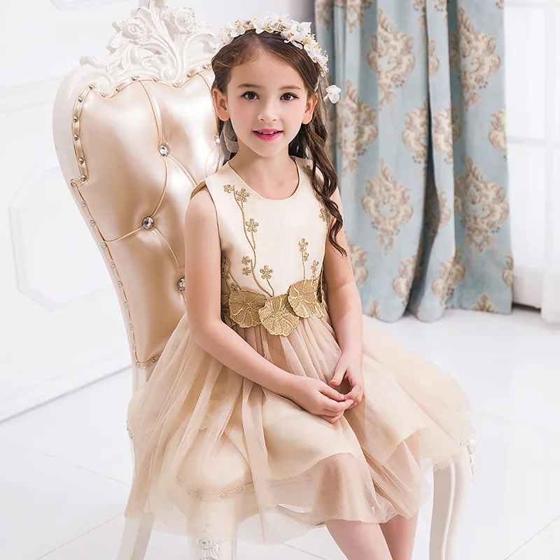 

2019 spring Kids Girls Dress for 3 4 5 6 7 8 9 10 to 12 Year Flower Embroidery Light Yellow Wedding Party Princess Costume 3A17B
