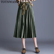 TOTNWANG осень зима на шнуровке велюровые женские юбки Высокая талия большие качели плиссированные юбки элегантные однотонные женские офисные юбки