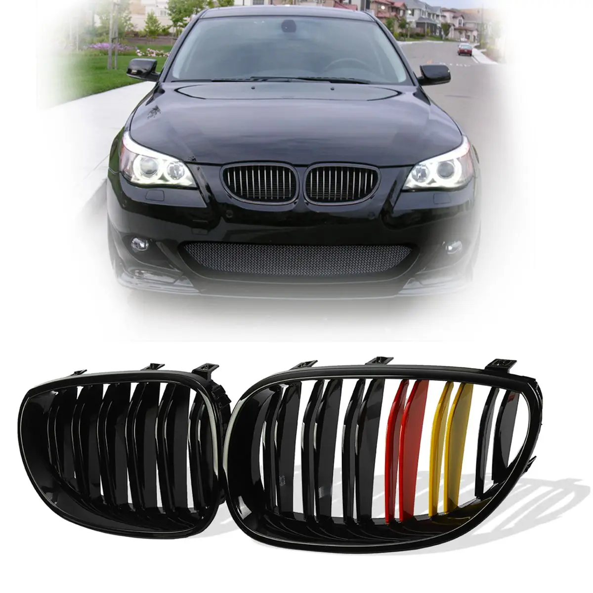 

Hot Sale Pair Gloss Matt Black Germany Color M Color Double Slat Line Front Kidney Racing Grilles For BMW E60 E61 525i 528i
