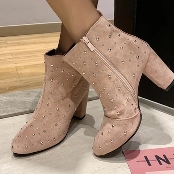 

Elegant Polka Dot Rhinestone Shoes Woman Winter Retro Pointed Toe Ankle Boots Botas mujer Suede Side Zipper Footwear Women D30