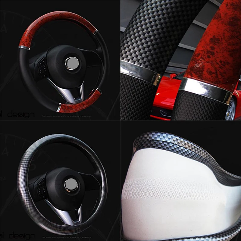 Carbon Fiber Pattern Peach Wood Car Steering Wheel Covers Four Season Universal Leather Steering Wheel Protector 38cm