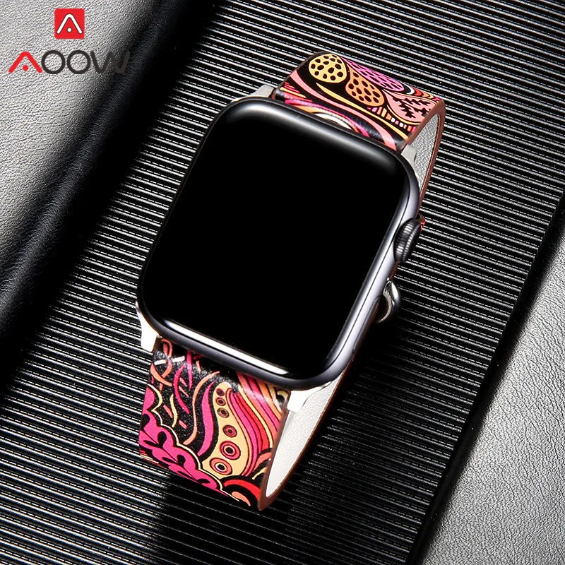 Кожаный ремешок для часов Apple Watch 38 мм 42 мм 40 мм 44 мм цветочный ремешок с цветочным принтом Национальный стиль браслет для iwatch 1 2 3 4