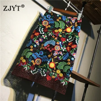 

Top Fashion Runway Designers Womens Skirt Summer 2020 New Elegant High Waist Vintage Floral Embroidery Mesh Knee Length Skirts