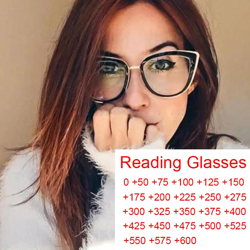 Oversized Alloy Clear Glasses For Women Blue Light Reading Presbyopia Vintage Cat Eye Elegant Eyeglass Frames Black | Аксессуары для