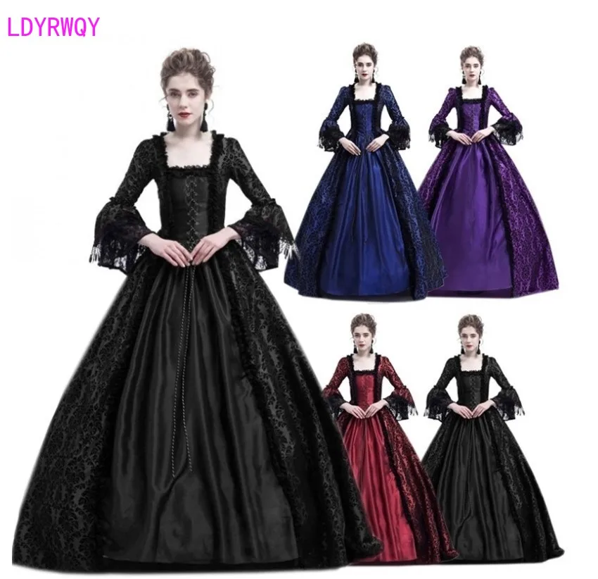 

2019 new European and American court retro temperament lace stitching big trumpet sleeve medieval dress