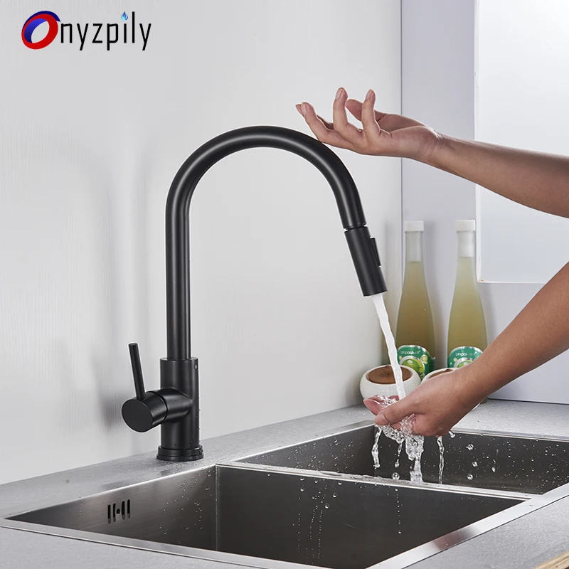 Черный кухонный кран Onyzpily, сенсорный, сенсационный, с поворотом на 360 градусов, выдвижной, с одной ручкой, смеситель, два режима воды, кран для раковины, для горячей и холодной воды