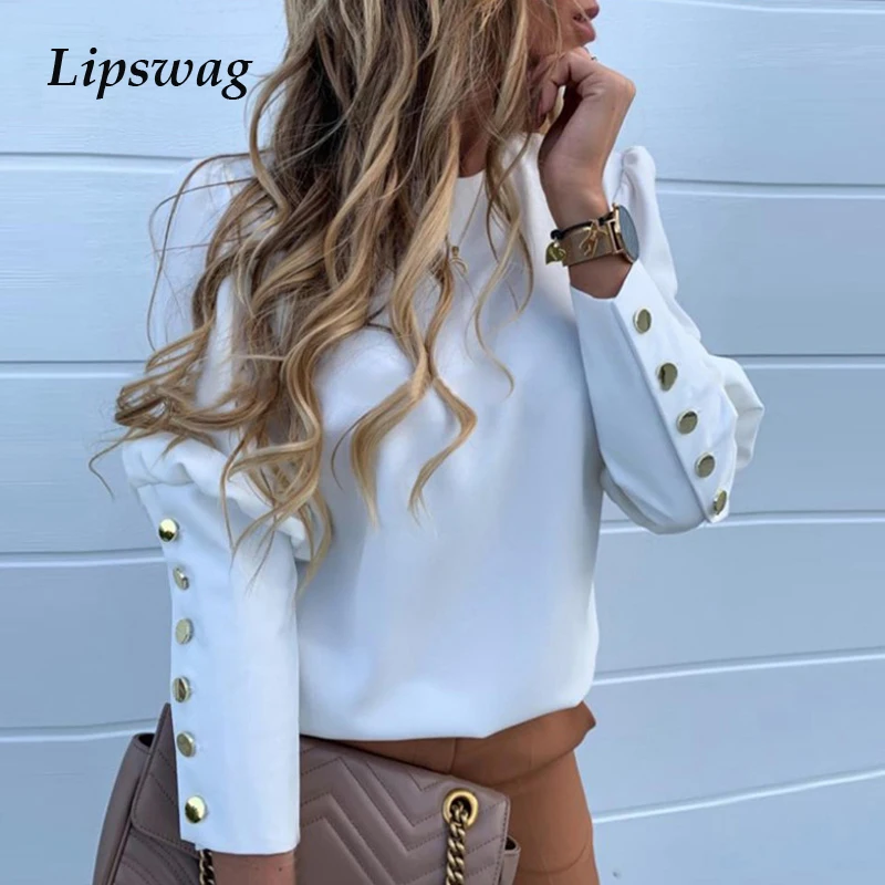  Casual O Neck Ladies Buttons Blouse 3XL Women Office Long Sleeve Back Metal Top Shirt 2019 Autumn S