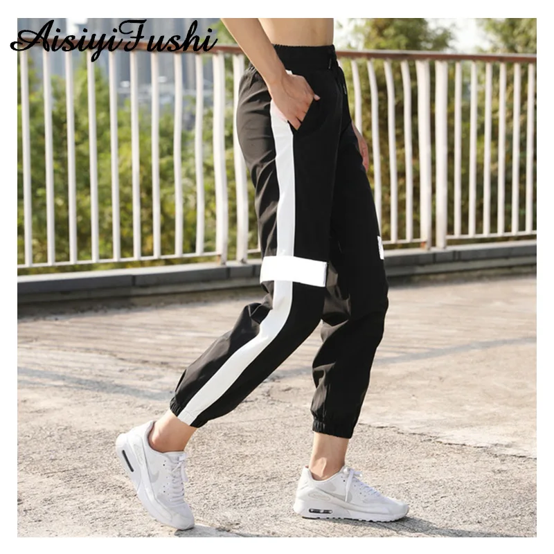 Reflective Baggy Jogger Pants Sweatpants Side-Stripe Women Loose Elastic Waist Sportswear Women's Cargo Sweat Trousers | Женская