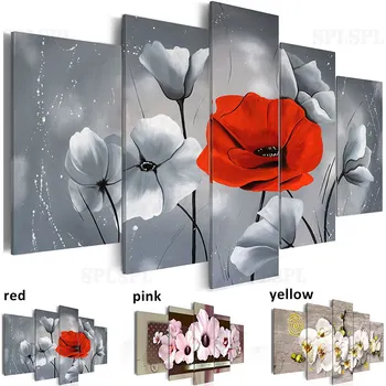 

Modern Painting Canvas 5 Panels Red and Grey Poppy Flower Abstract Background Living Room Home Decor Picture