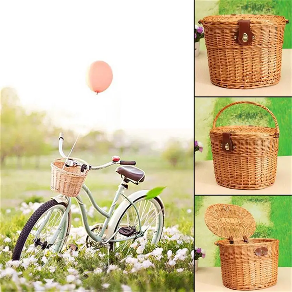 Bike Handlebar Hanging Willow-baskets Wicker Bicycle Front Basket With Lid Shopping Stuff Box Pets Fruits Picnic | Спорт и