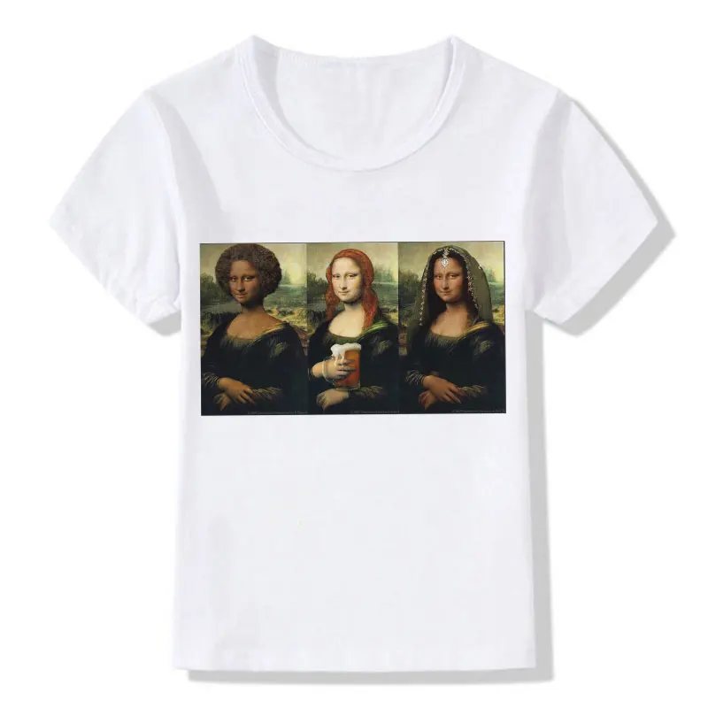 Летняя футболка детские милые Забавные топы с принтом Monla Lisa для девочек, модная футболка для мальчиков повседневная креативная футболка с круглым вырезом Kawaii