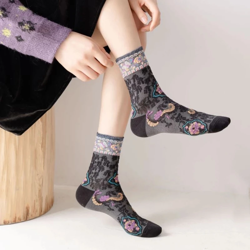 5 Pairs Animal Print Cute Long Socks Korean Style Women Socks Flowers Kawaii Sokken Girl Fashion Streetwear Spring Autumn
