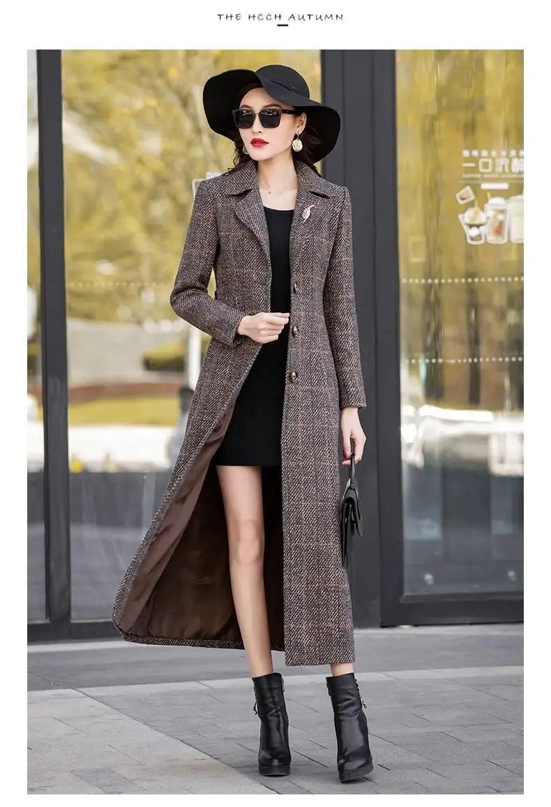 New Autumn Winter Woman Vintage Slim X-Long Plaid Sashes Wool Blend Coat Female Woolen Outwear Abrigos Mujer Invierno R299