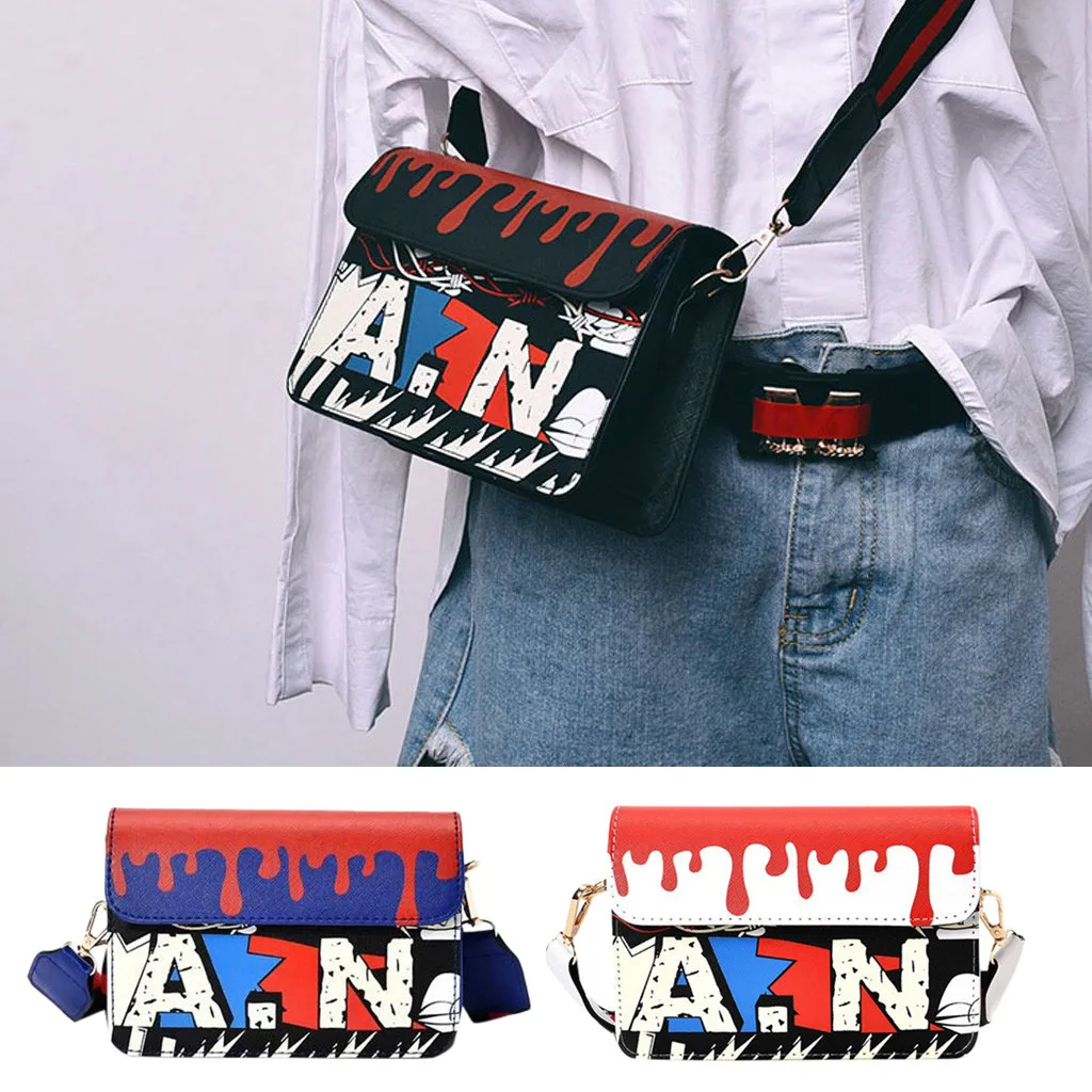 Модные граффити буквы сумки через плечо с печатным рисунком Женская красочная уникальная сумка на плечо для девочек маленькая квадратная сумка-мессенджер# YJ