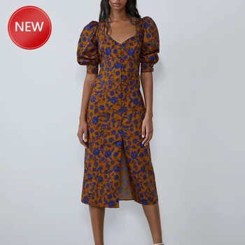 

French Vintage Print Long Dress Square Collar Puff Sleeve Button Fork Opening Straight Midi Dress Women Soft Girl
