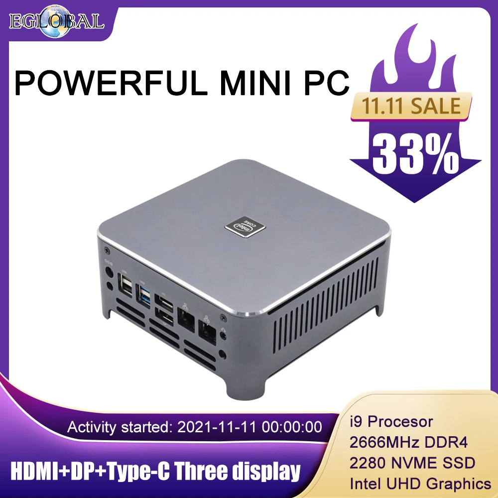 EGLOBAL Mini PC Intel Core i9-10980HK i7-10750H Windows 10 Pro Key USB-C 4K Display Gaming Computer NGFF M.2 AX200 AC AX WIFI