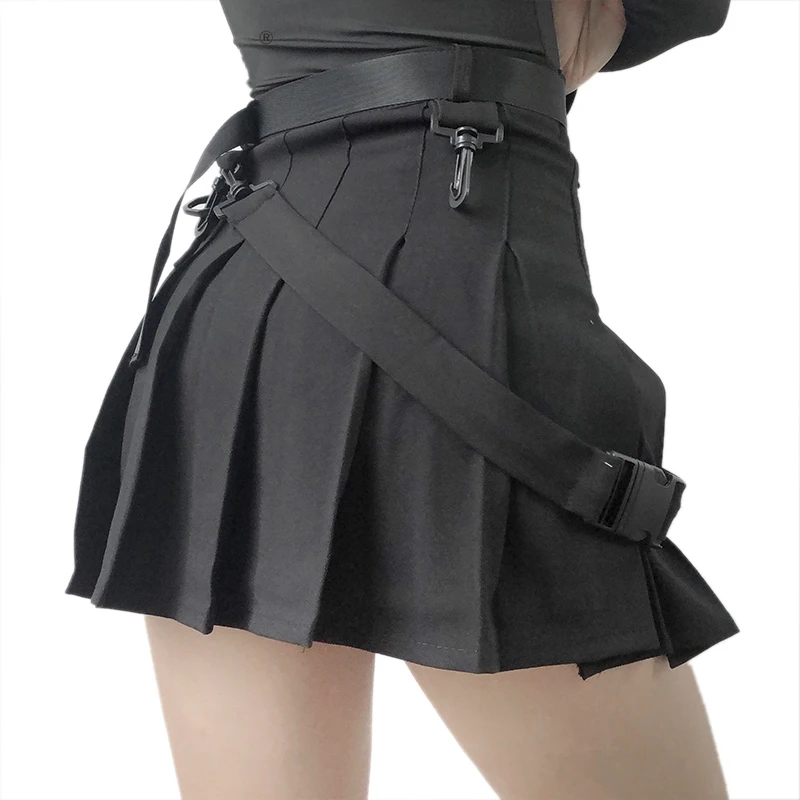 Women Skirts Sexy Harajuku Short Skirts Casual Grey Sashes Fashion Pleated Skirts Punk Mini Skirt Vintage