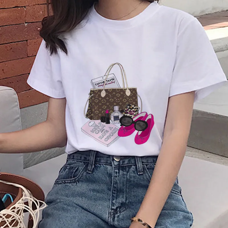Новая модная сумка и с изображением собаки, футболки Harajuku Для женщин Модная футболка с О-образным вырезом с короткими рукавами, белые женские рубашки-топы Костюмы