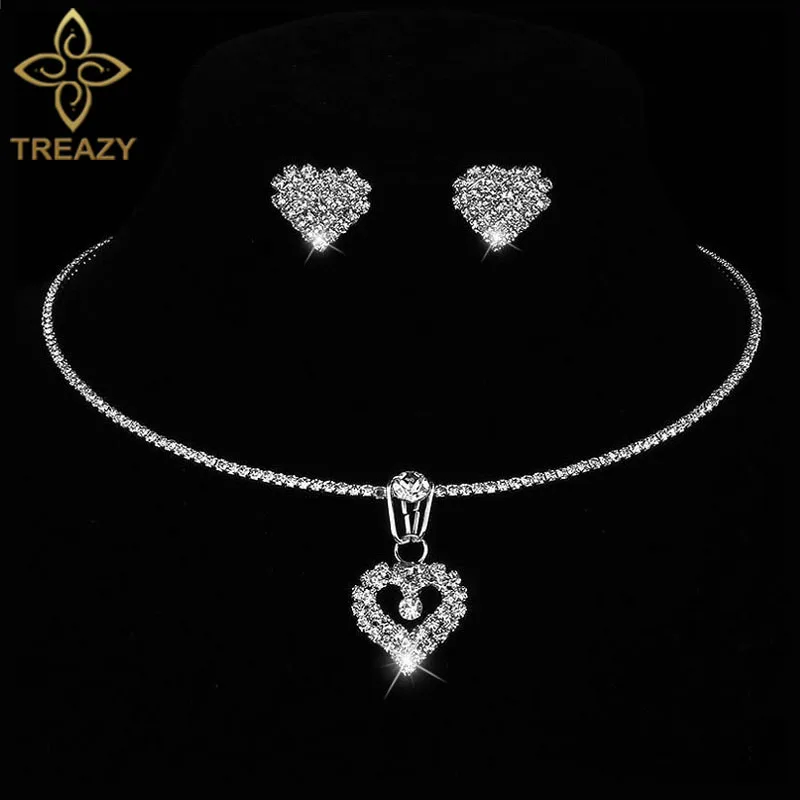 TREAZY Bridal Wedding Jewelry Set Rhinestone Crystal Heart Pendant Choker Necklace Earrings for Women African | Украшения и