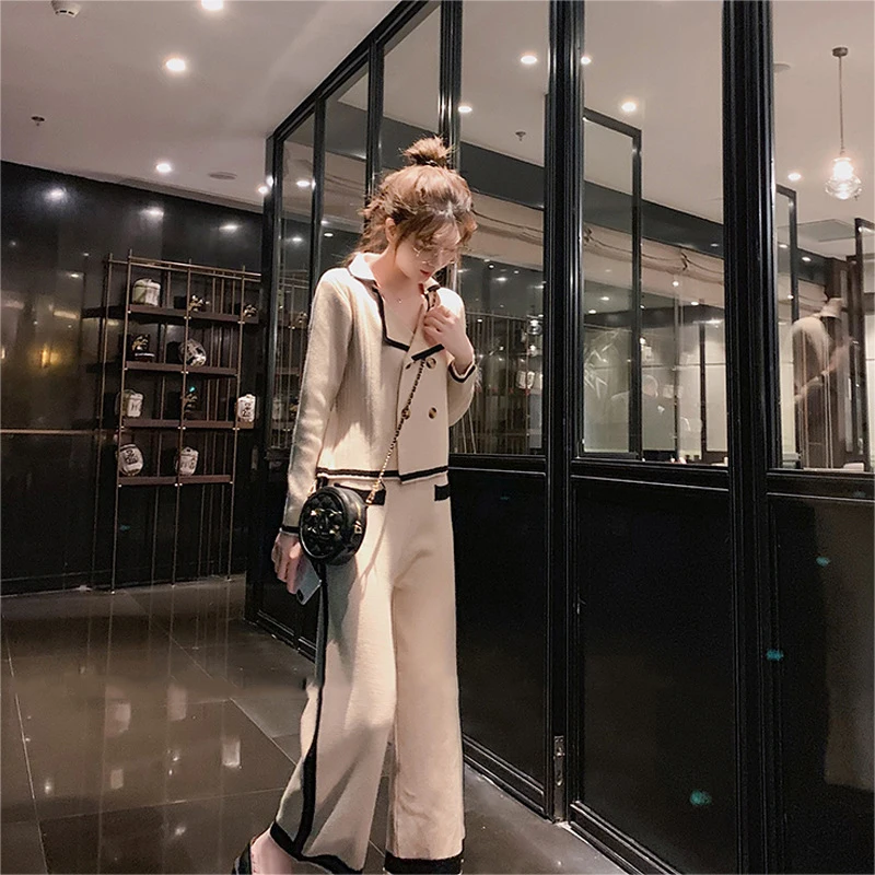 

Set female spring and autumn fashion temperament small fragrant knit wide leg pants suit new loose shirt two-piece
