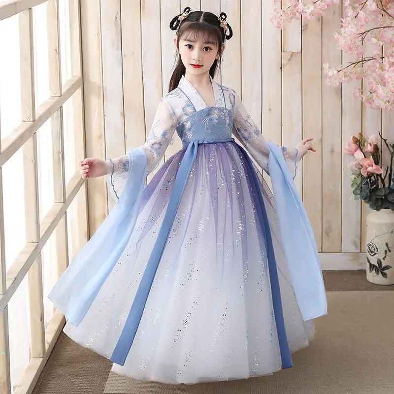 Chinese Traditional Folk Dance Dress Girls Fairy Embroidery Skirt Hanfu Princess Dresses Set Kids Party Cosplay Clothing |