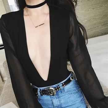 

Women's Sexy V-neck Gauze Joint Jumpsuits Lantern Sleeve Bodysuits Skinny Jumpsuit Romper