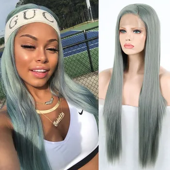 

RONGDUOYI Long Silky Straight Synthetic Lace Front Wig Green Fiber Hair Lace Wigs for Women Fashion Cosplay Wig with Free Part